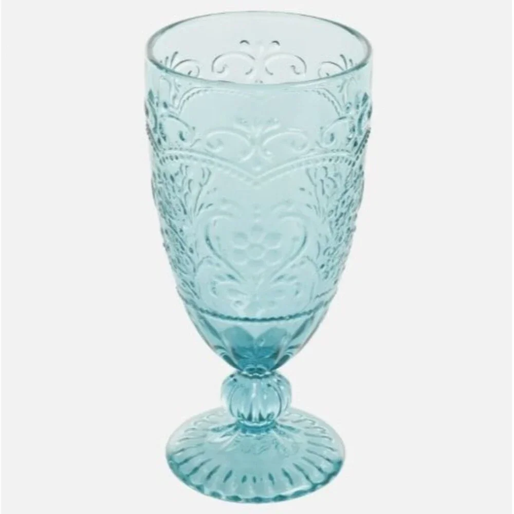 Pioneer Woman Amelia Glass Goblet Set 4pc with Embossed Design Teal 14.7oz New